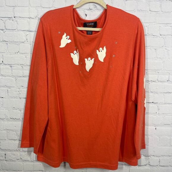Studio Treat Tops - VTG Y2K Tunic Women Plus 2X Halloween Graphic Print Ghost Embroidered Bead Top